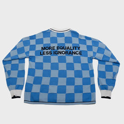 Blue and gray checkered sweater with text on a white background