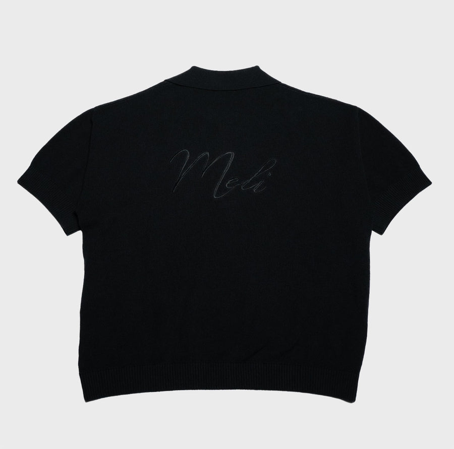 MELI V-NECK KNIT POLO — BLACK