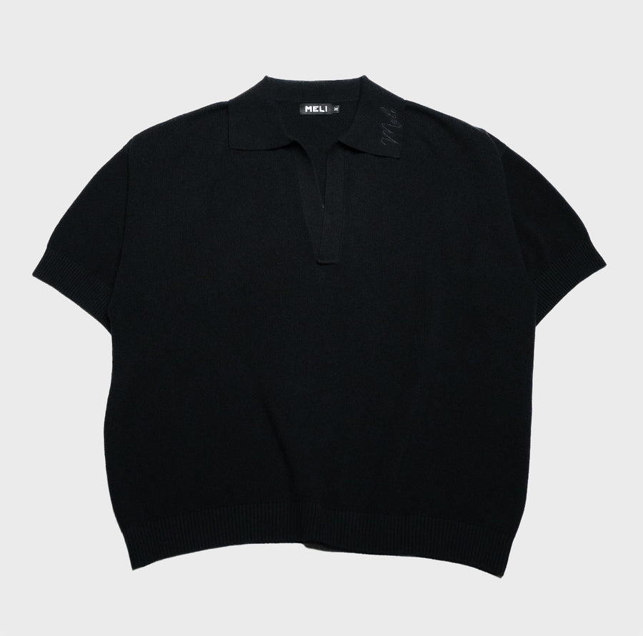 MELI V-NECK KNIT POLO — BLACK