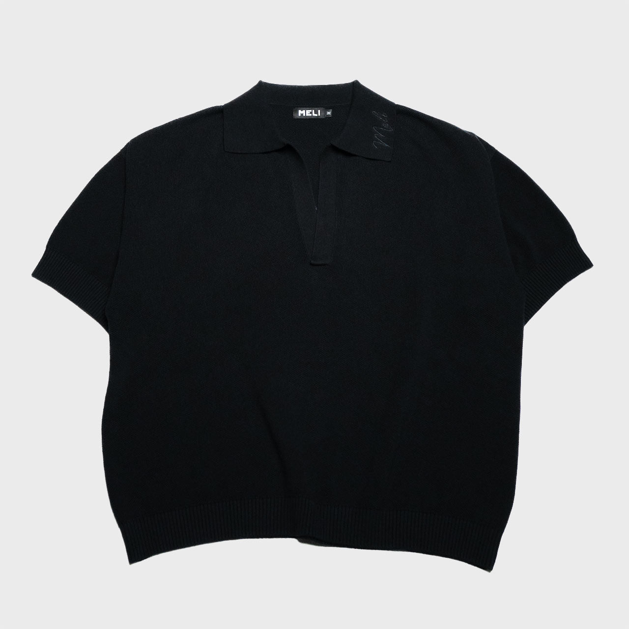 MELI V-NECK KNIT POLO — BLACK