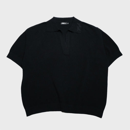 MELI V-NECK KNIT POLO — BLACK