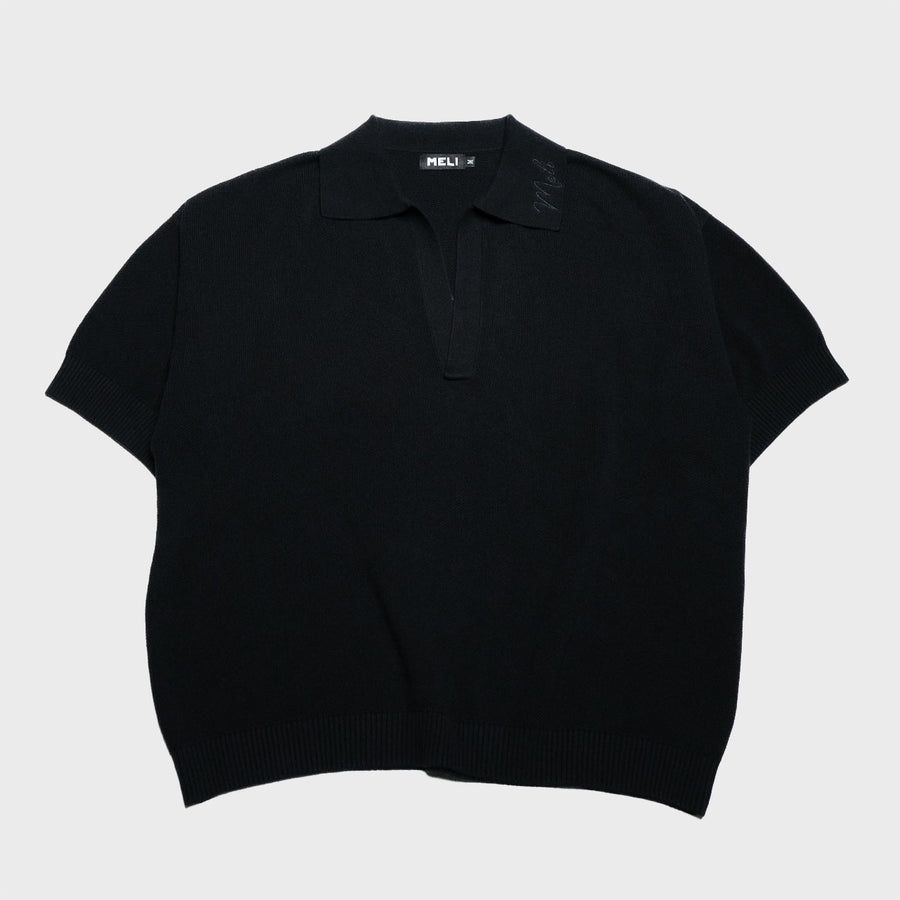 MELI V-NECK KNIT POLO — BLACK