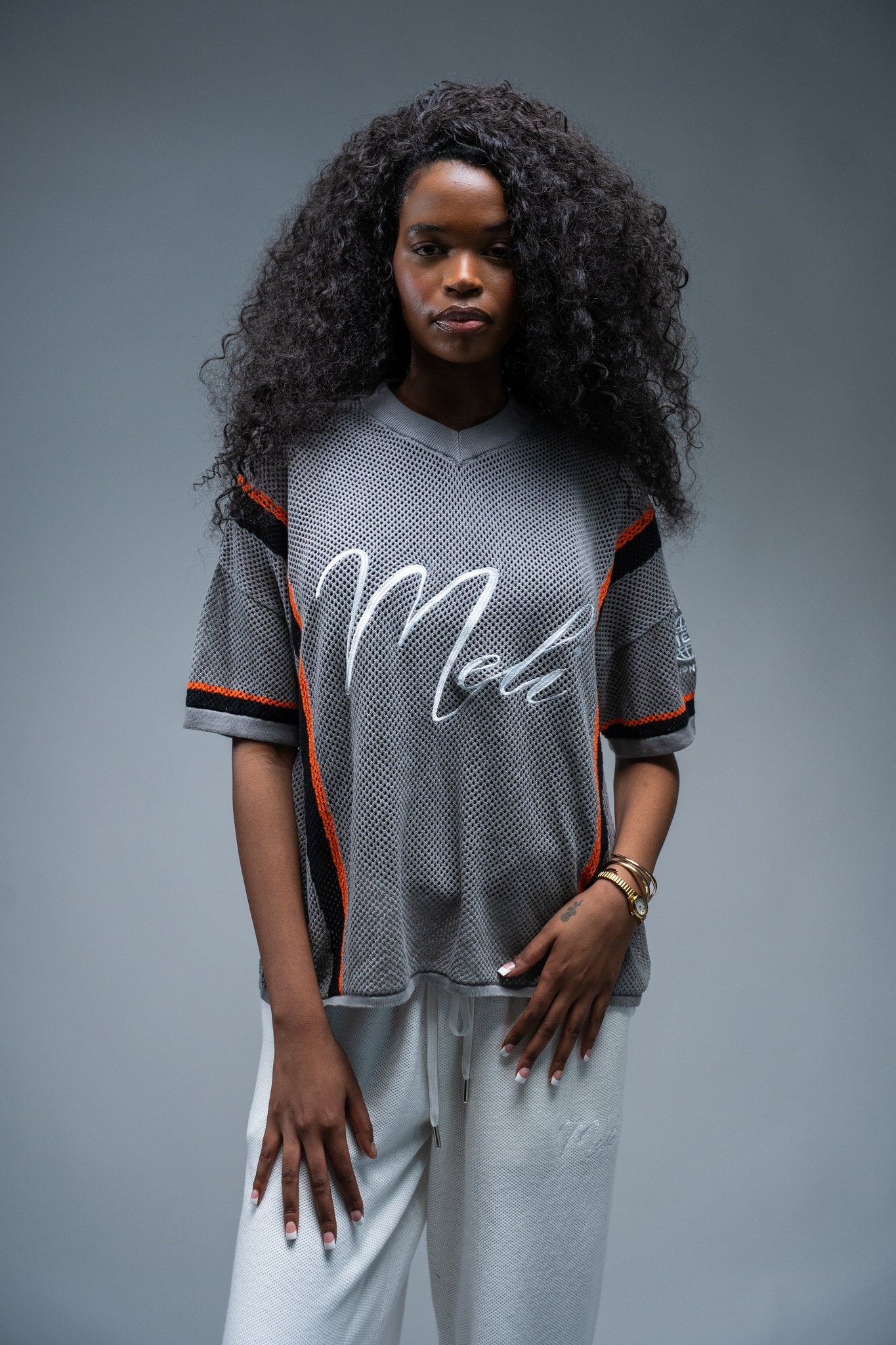 MELI MESH JERSEY — GRAY — Female model