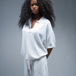 MELI V-NECK KNIT POLO — WHITE — Female model