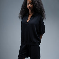 MELI V-NECK KNIT POLO — BLACK — Female model