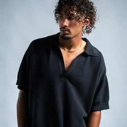 MELI V-NECK KNIT POLO — BLACK — Male model