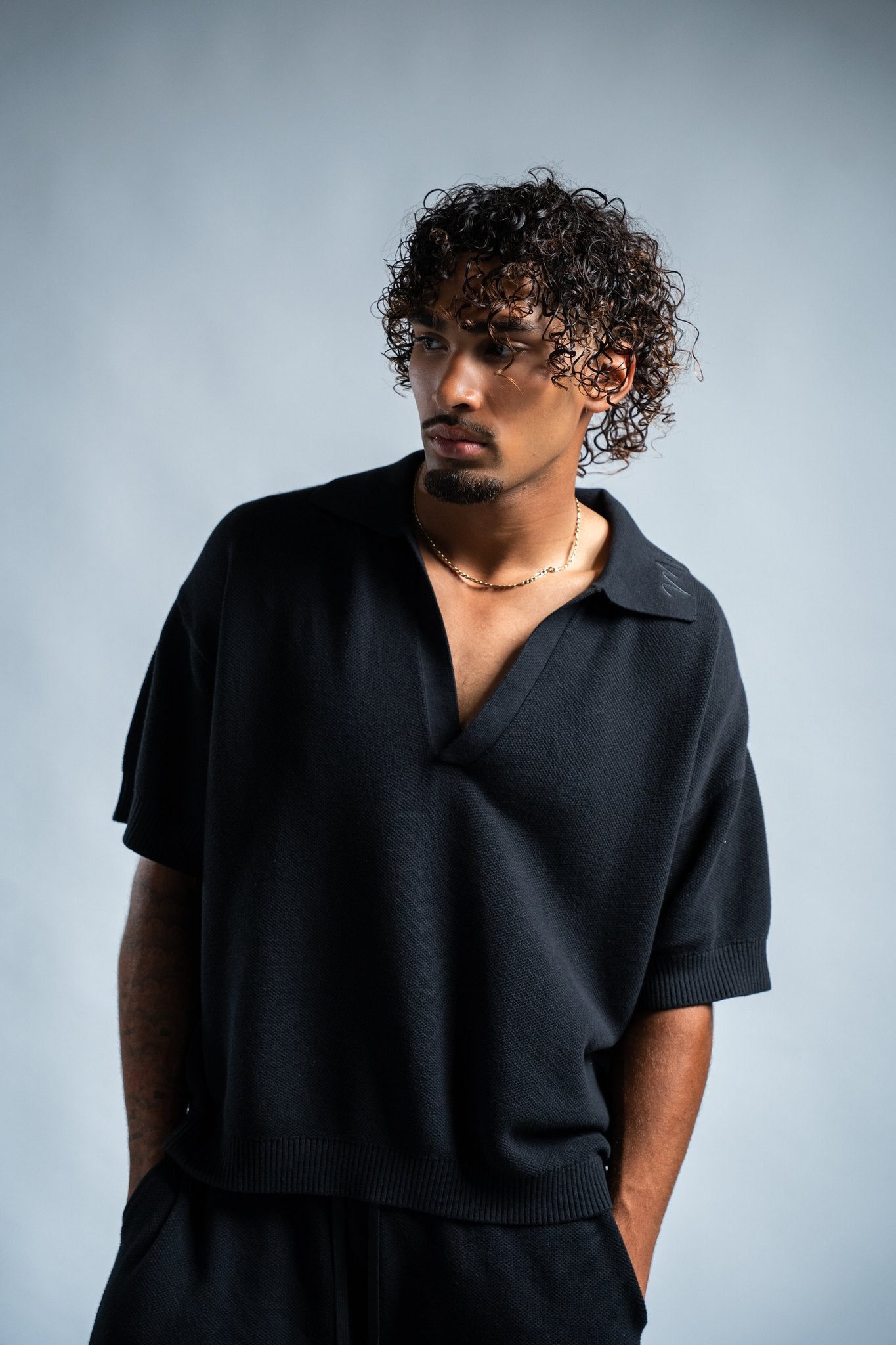 MELI V-NECK KNIT POLO — BLACK — Male model