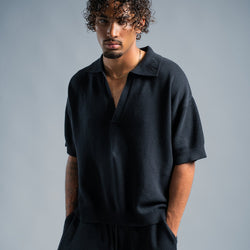 MELI V-NECK KNIT POLO — BLACK — Male model