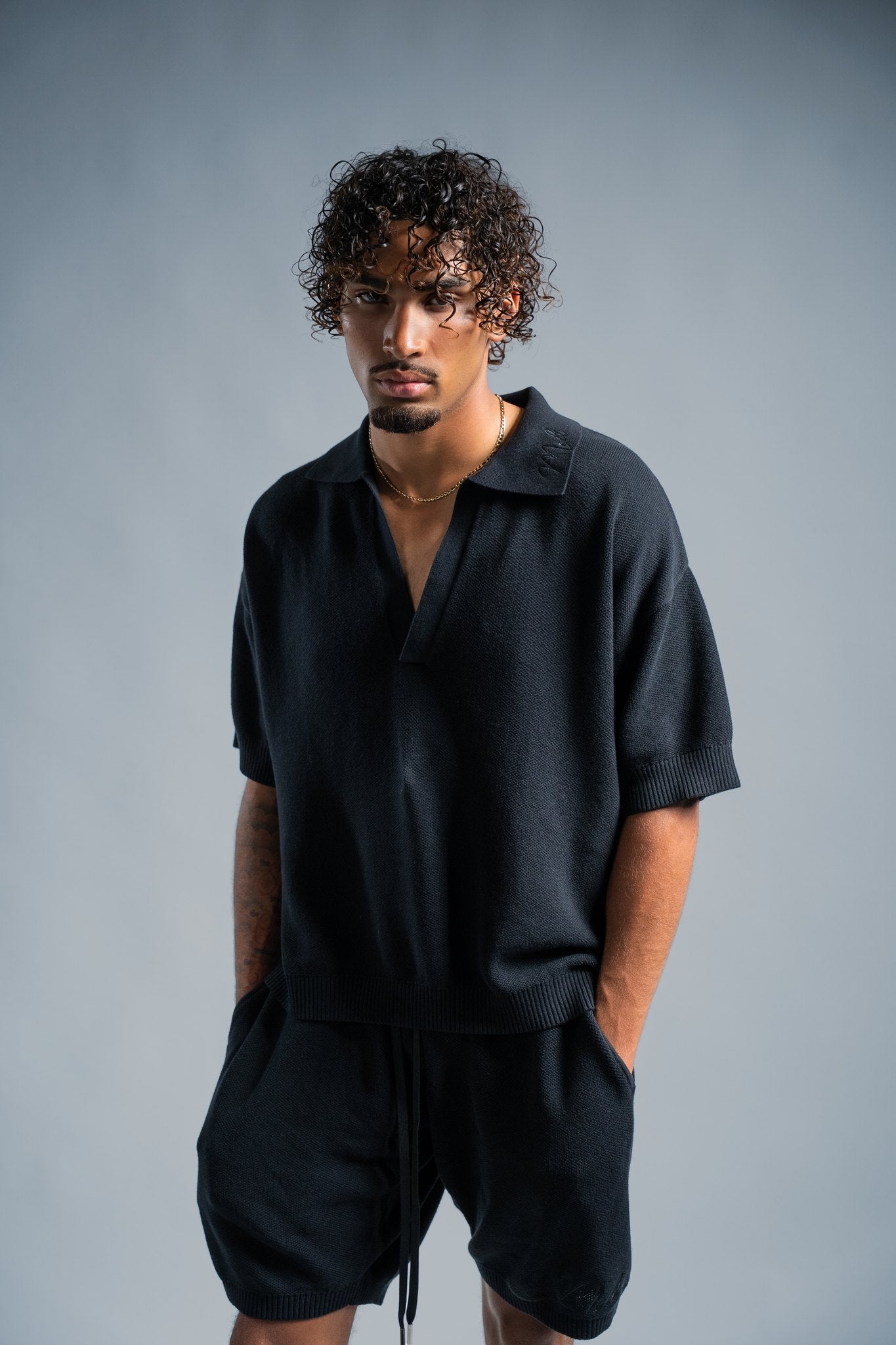 MELI V-NECK KNIT POLO — BLACK — Male model