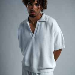 MELI V-NECK KNIT POLO — WHITE — Male model