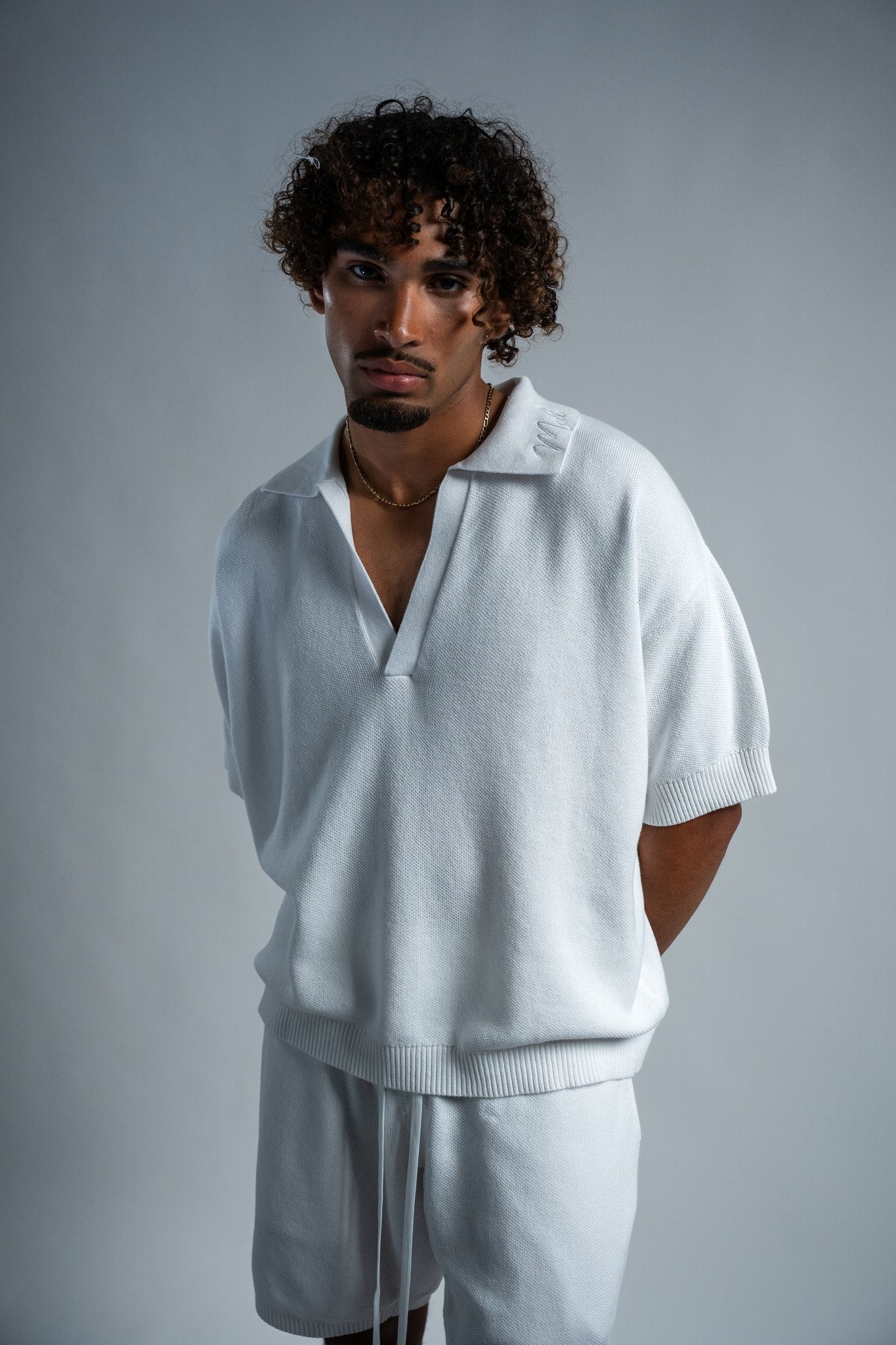 MELI V-NECK KNIT POLO — WHITE — Male model