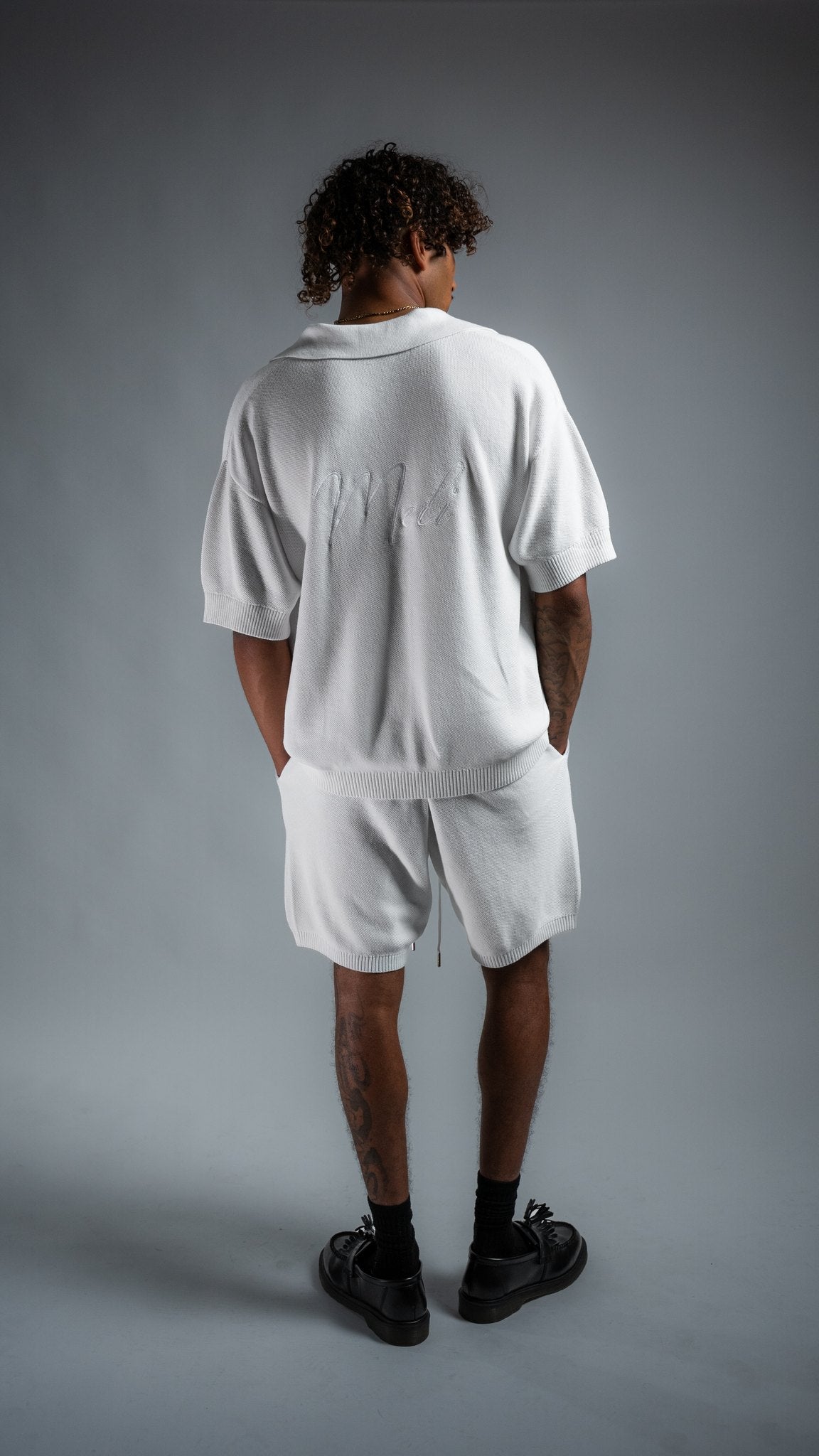 MELI V-NECK KNIT POLO — WHITE — Male model