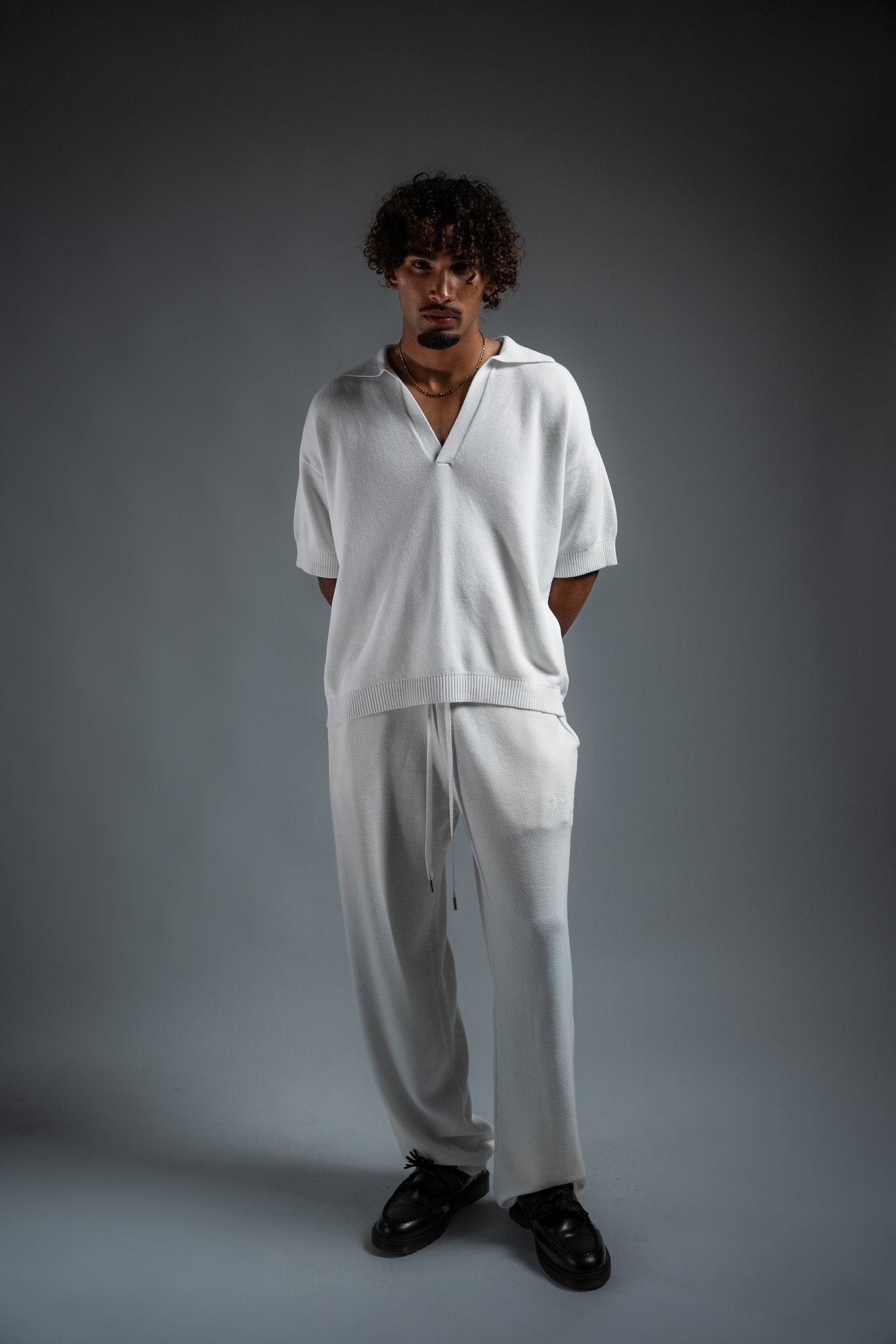 MELI V-NECK KNIT POLO — WHITE — Male model