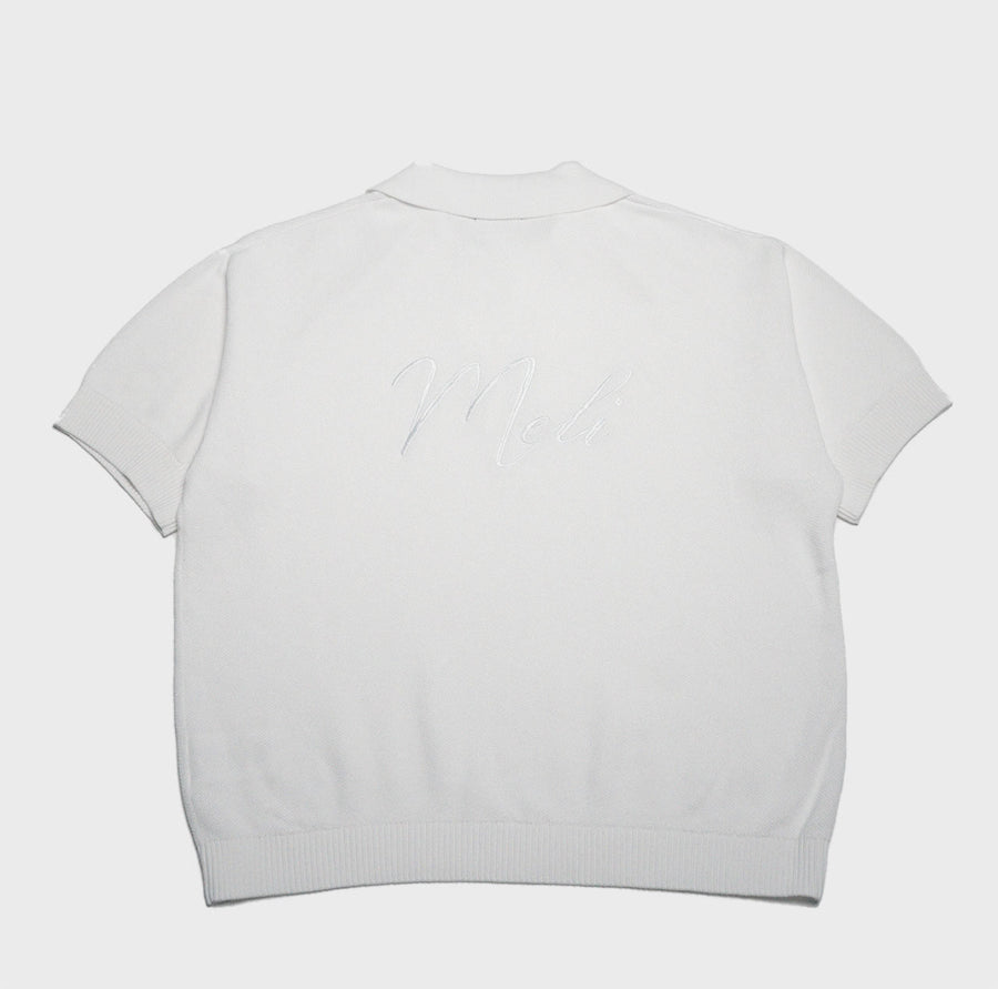 MELI V-NECK KNIT POLO — WHITE