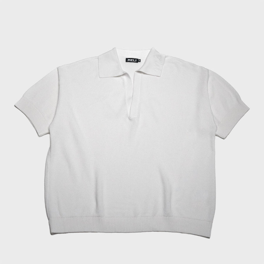 MELI V-NECK KNIT POLO — WHITE