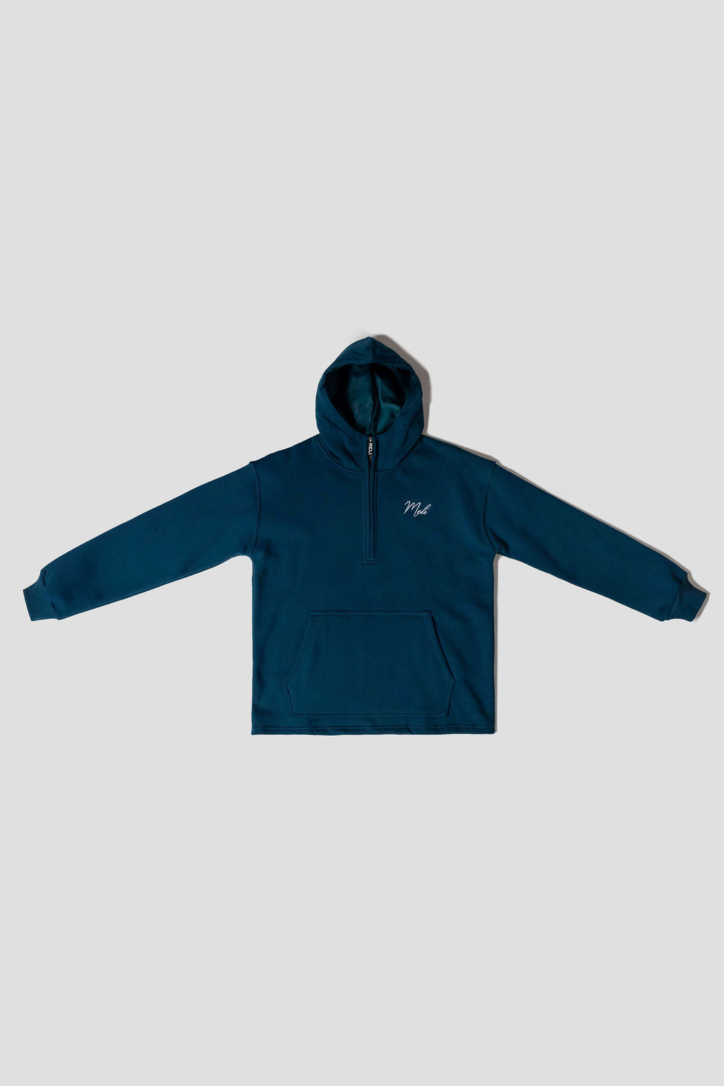 MELI Global Sweatsuit 3.0 in Atlantic, hoodie front with half zip and MELI script