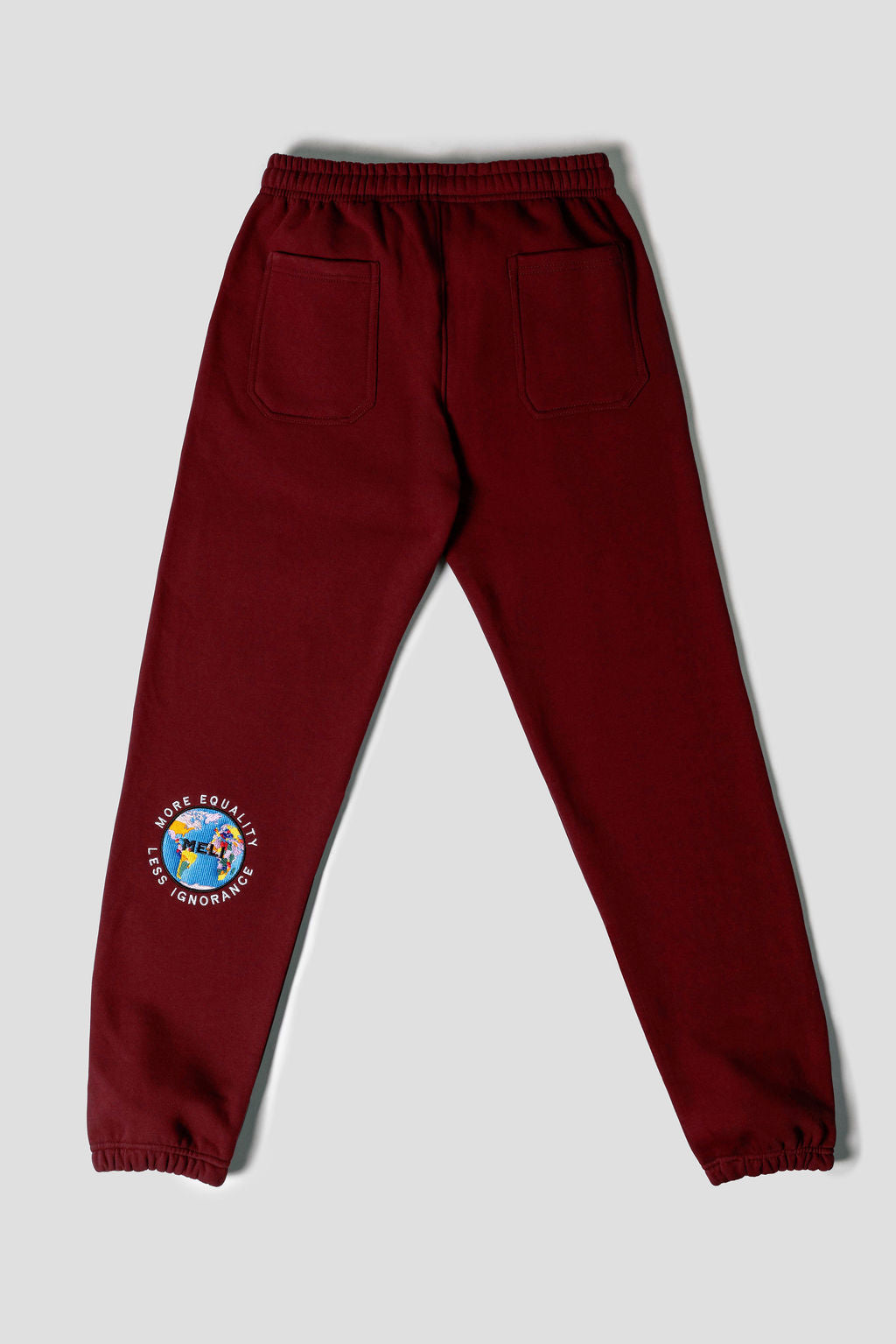 MELI Global Sweatsuit 3.0 in Crimson, sweatpant back with double back pockets and Global map logo at the rear leg