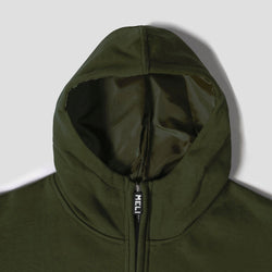 MELI Global Sweatsuit 3.0 in Olive, structured satin lined hood
