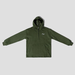 MELI Global Sweatsuit 3.0 in Olive, hoodie front with half zip and MELI script