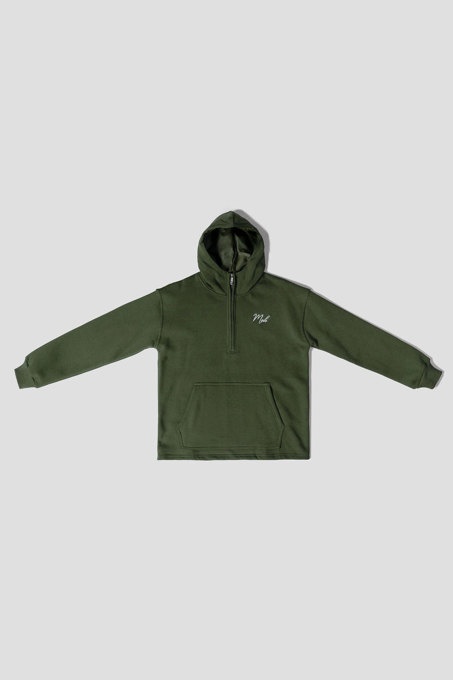 MELI Global Sweatsuit 3.0 in Olive, hoodie front with half zip and MELI script