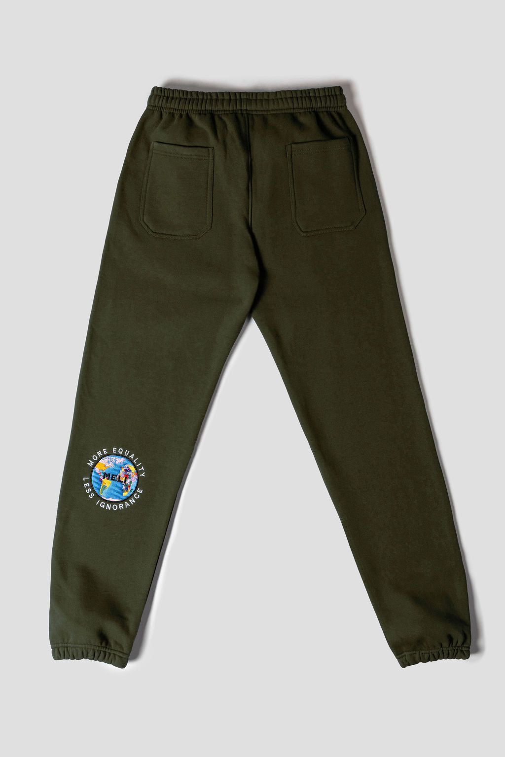 MELI Global Sweatsuit 3.0 in Olive, sweatpant back with double back pockets and Global map logo at the rear leg