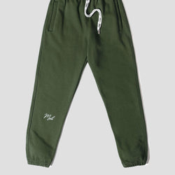 MELI Global Sweatsuit 3.0 in Olive, sweatpant front with MELI drawstrings and MELI script at the leg