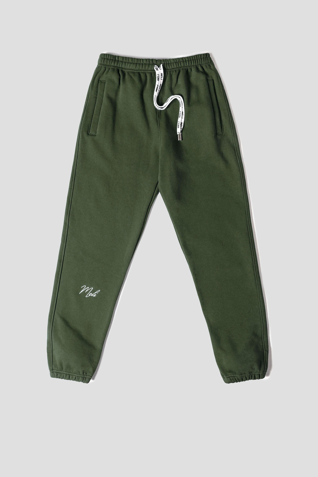 MELI Global Sweatsuit 3.0 in Olive, sweatpant front with MELI drawstrings and MELI script at the leg