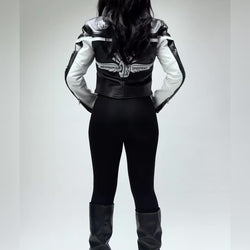 The MELI cropped moto leather jacket, worn and moving