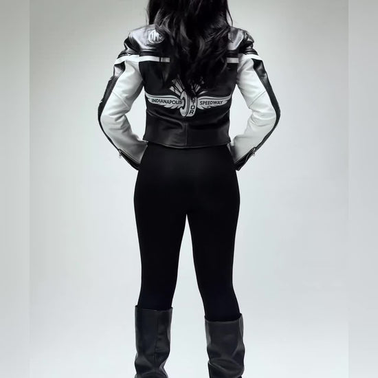 The MELI cropped moto leather jacket, worn and moving